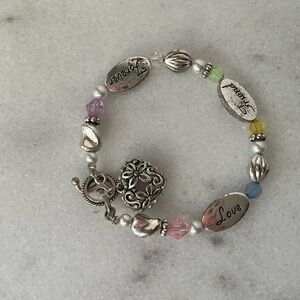 Love, Friend, Forever Bracelet silver and beads 8”..